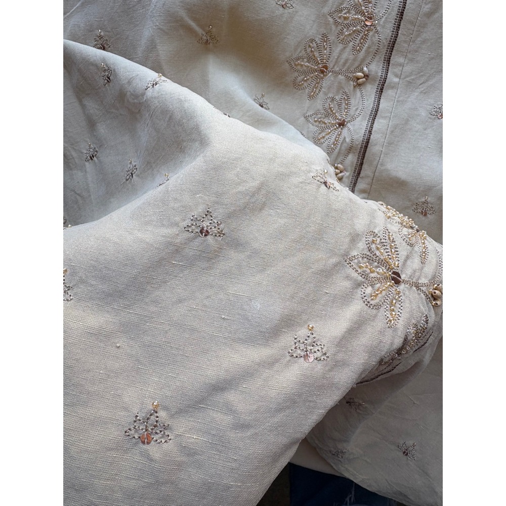 Vintage Womens 10 Silk Linen Midi Skirt Tan Embroidered Beaded Sequin A-Line - Picture 7 of 10